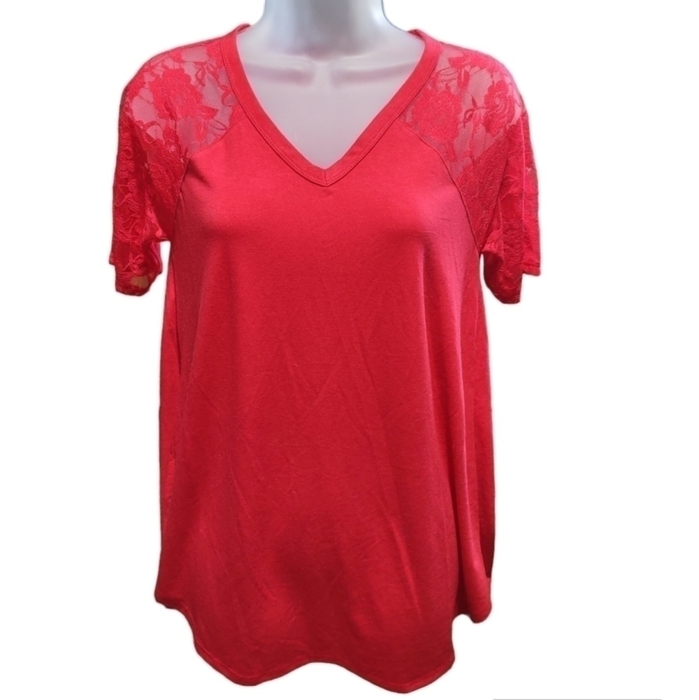Women’s V-Neck Lace Sleeve Top - Red